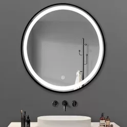   TMP IRON fürdőszoba tükör - FEKETE keret - kerek - LED világítással - érintésmentes kapcsoló - 90 cm