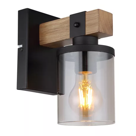 Globo 15555W Fali lámpa fém matt fekete, fa sötétbarna, füstszínű üveg, fény iránya: felfelé, SZxM: 100x225mm, Mélység: 170mm, nem tartozék: 1x E27 60W 230V