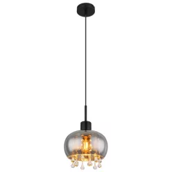   Globo 15839H Függeszték fém matt fekete, füstszínű üveg, átlátszó üvegkristályok, kábeltextil fekete, magassága lerövidíthető (függőlámpa), ø: 210mm, M:1200mm, nem tartozék: 1x E27 LED 9W 230V