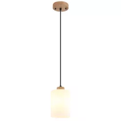   Globo 15977H Függesztett lámpa, barna fa, matt fehér üveg, barna fa, fekete textil kábel, magasság rövidíthető, ø: 150mm, M: 1200mm, 1x E27 60W 230V izzó nélkül