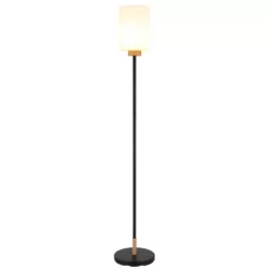   Globo 15977S Állólámpa, fém matt fekete, üveg matt fehér, fa sötét tölgy, kábel textil fekete, lábkapcsoló a kábelen, ø: 250mm, M: 1500mm, kábelhossz 2100 mm, 1x E27 60W 230V izzó nélkül