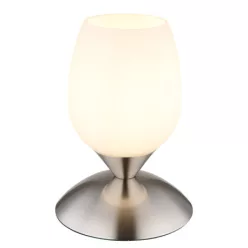   Globo 24007N Asztali lámpa fém nikkel matt, fehér színű üveg búra, fekete PVC kábel, érintő kapcsoló, ø: 125mm, M: 180mm, kábel hossza 1500mm, 1x E14 25W 230V izzó nélkül