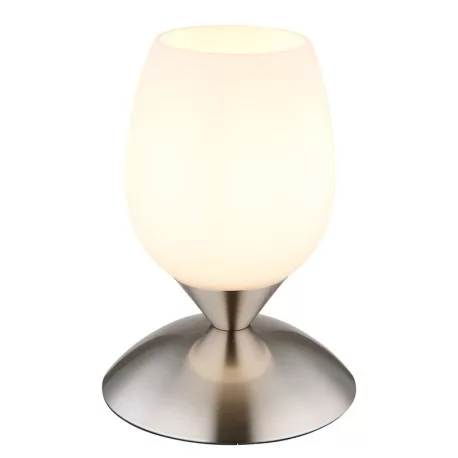 Globo 24007N Asztali lámpa fém nikkel matt, fehér színű üveg búra, fekete PVC kábel, érintő kapcsoló, ø: 125mm, M: 180mm, kábel hossza 1500mm, 1x E14 25W 230V izzó nélkül