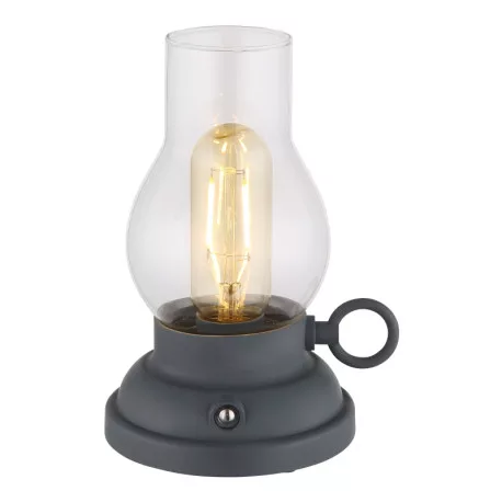 Globo 58016A Dekoratív lámpa, műanyag antracit matt, átlátszó üveg, műanyag borostyán, érintéses dimmer, adapter nélkül, USB-A 2.0 - USB-C, CR18650 1200mAh 3,7V, töltéskor világít, HxSzxM: 125x107x175mm, kábel 1000mm, LED 1W 230V, forrás 80lm, kimenet 65l