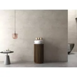   AREZZO design SORAYA 40 cm-es kerek, álló Fürdőszoba alsószekrény, fehér mosdópulttal, 1 ajtó, dió