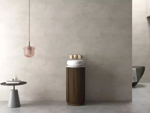 AREZZO design SORAYA 40 cm-es kerek, álló Fürdőszoba alsószekrény, fehér mosdópulttal, 1 ajtó, dió