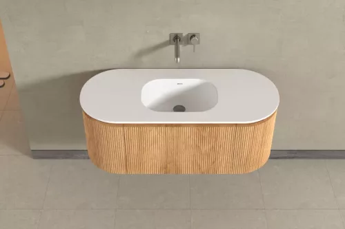 AREZZO design SELINA 120 cm-es ovális Fürdőszoba alsószekrény solid surface mosdóval, tölgy